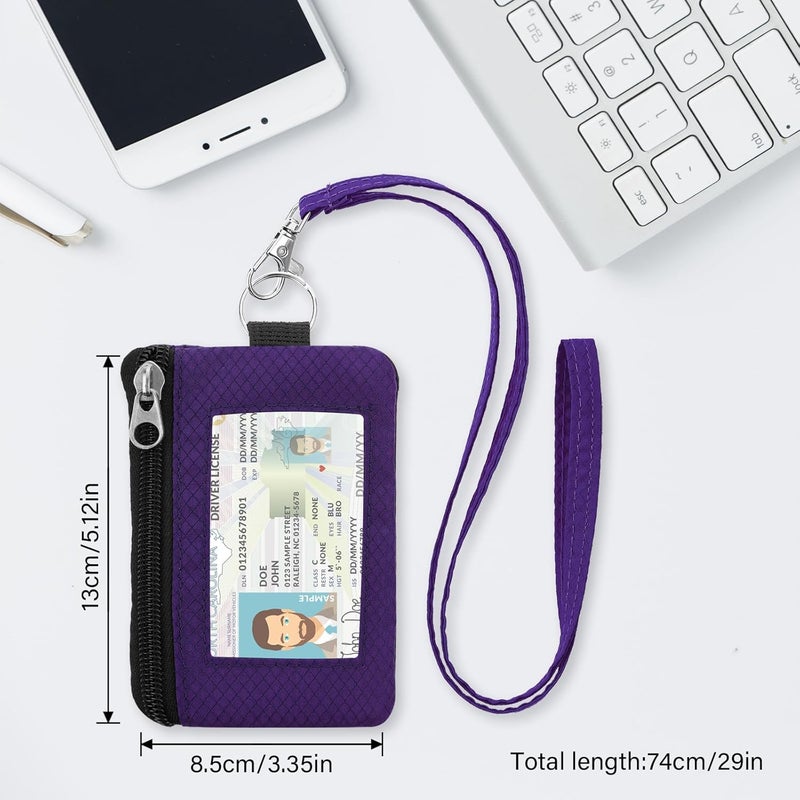 ZHOMA Minimalist RFID Wallet with Lanyard, Multi-functional ID Case with 2 Zipper Pockets and Key Chain for Men and Women, Tactical Badge Pouch Cards Holder, Coin Purse for Travel Sports - Dark Purple - Image 5